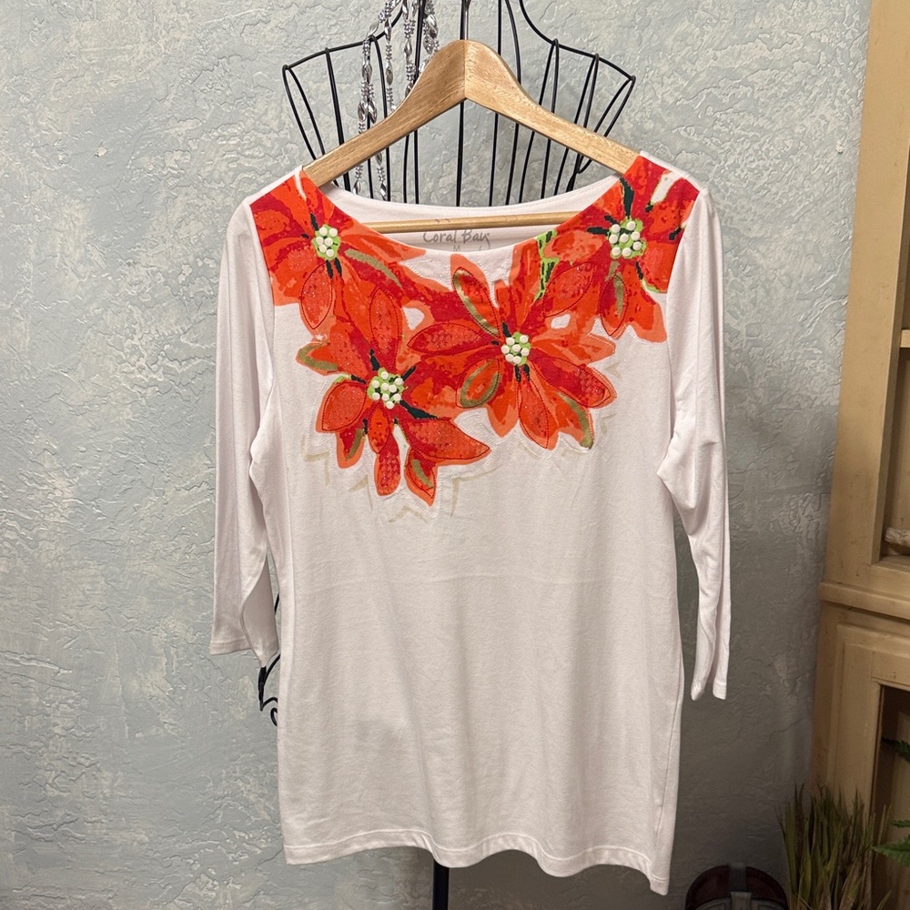Coral Bay White Top with 3/4,sleeveFloral Poinsettia Holiday design with sparkle